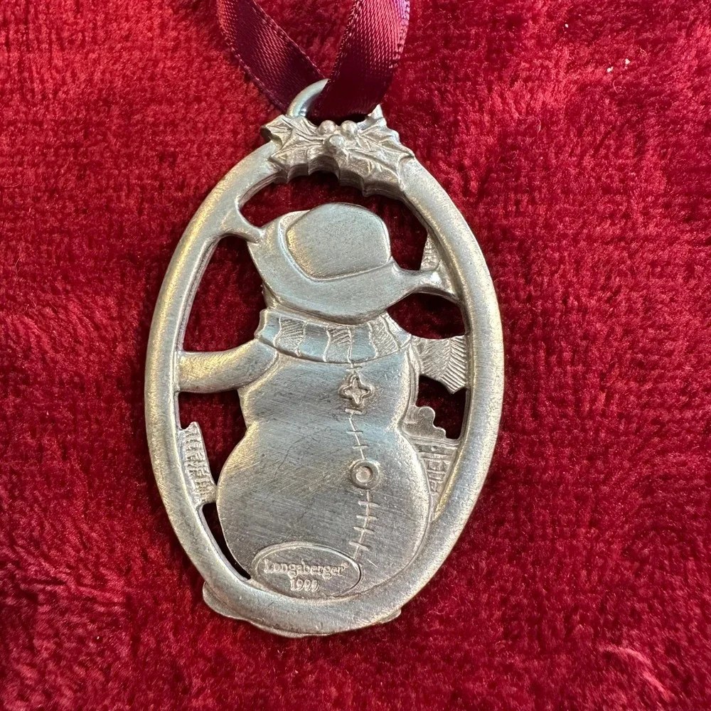 Longaberger‎ 1999 Snowman with Basket Pewter Christmas Ornament Vintage Holiday